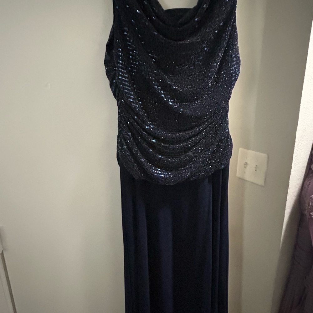 R&M Richards Blue Sleeveless Cowl Neck Maxi Gown